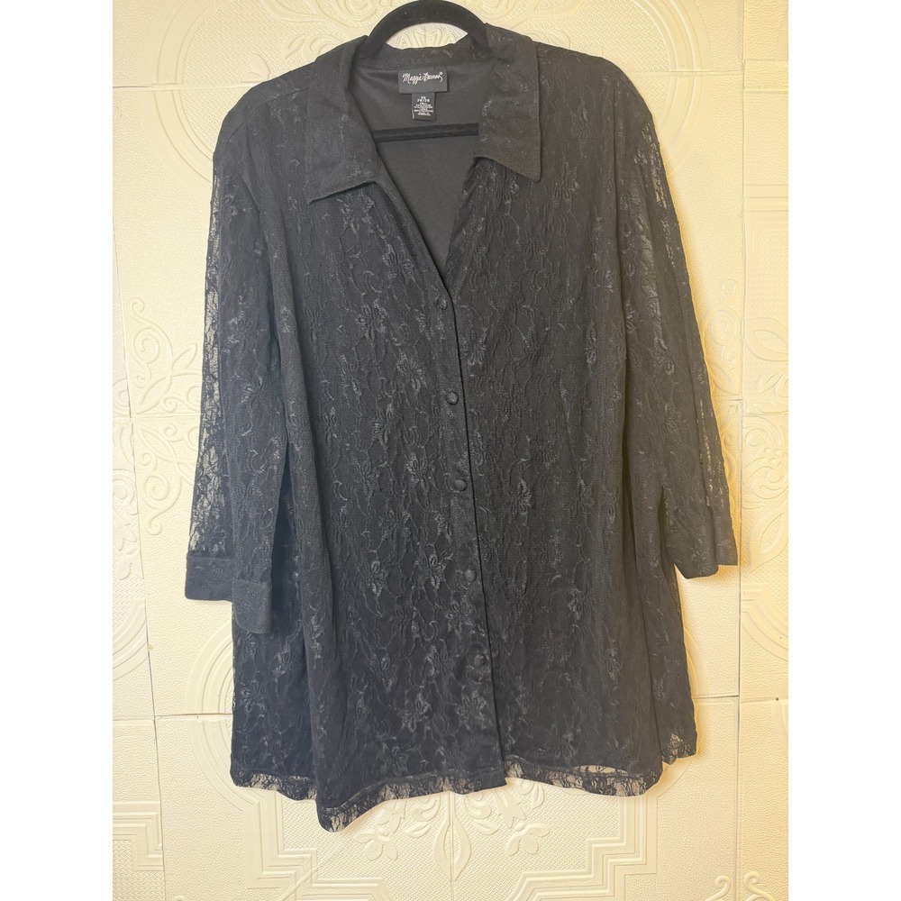 MAGGIE BARNES Womens Plus 3XL Top Black‎ Lace Overlay Lined 3/4 Sleeve Buttons